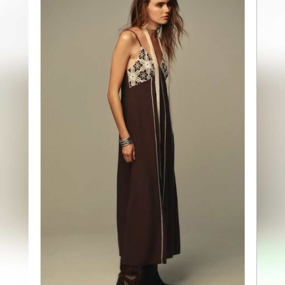 Zara Chocolate Brown Lace Trim Embroidered Strappy Long Dress - Picture 6 of 11
